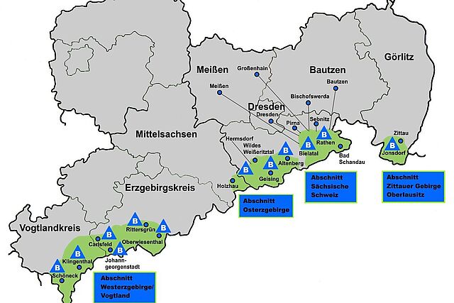 Eine Landkarte von Sachsen zeigt die Regionen, in denen Bergwachten zu finden sind.