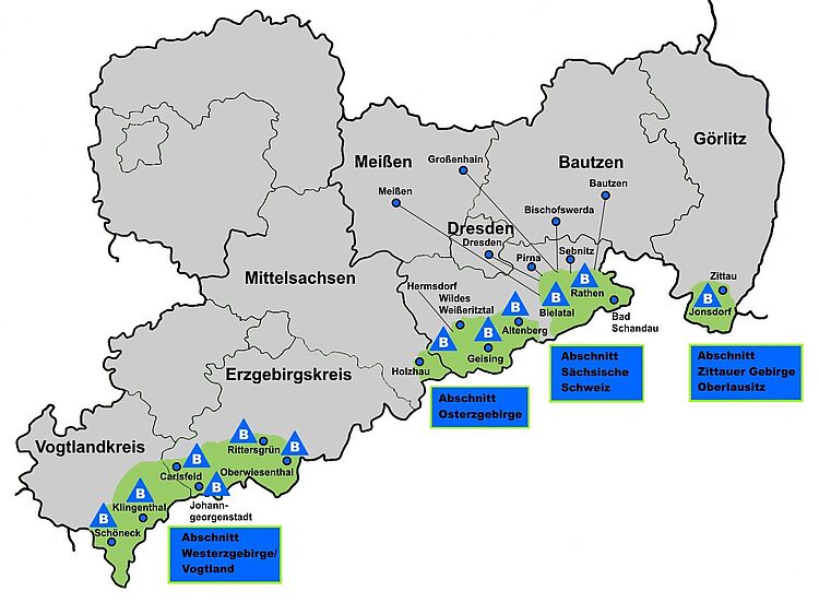 Bergwacht in Sachsen Eine Landkarte von Sachsen zeigt die Regionen, in denen Bergwachten zu finden sind.